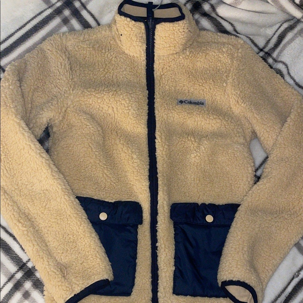 Columbia Cream Fleece Jacket with Blue Trim